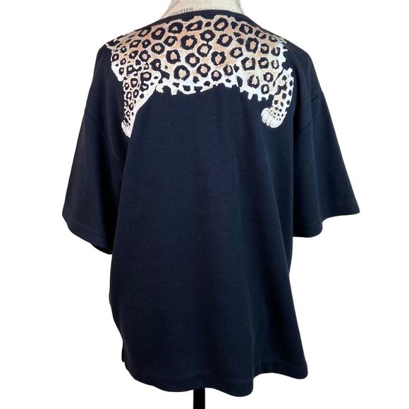 Vintage 1990s Keneth Too! Black Ribbed Chetah Graphic Print Short Sleeve Large - Picture 6 of 8